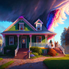 Vibrantly Colored Victorian House with Porch under Surreal Sky