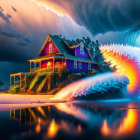 Vibrant beach scene with colorful house, crashing wave, and dramatic sky