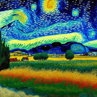 Colorful painting of night sky, cypress tree, wheat field, and mountains