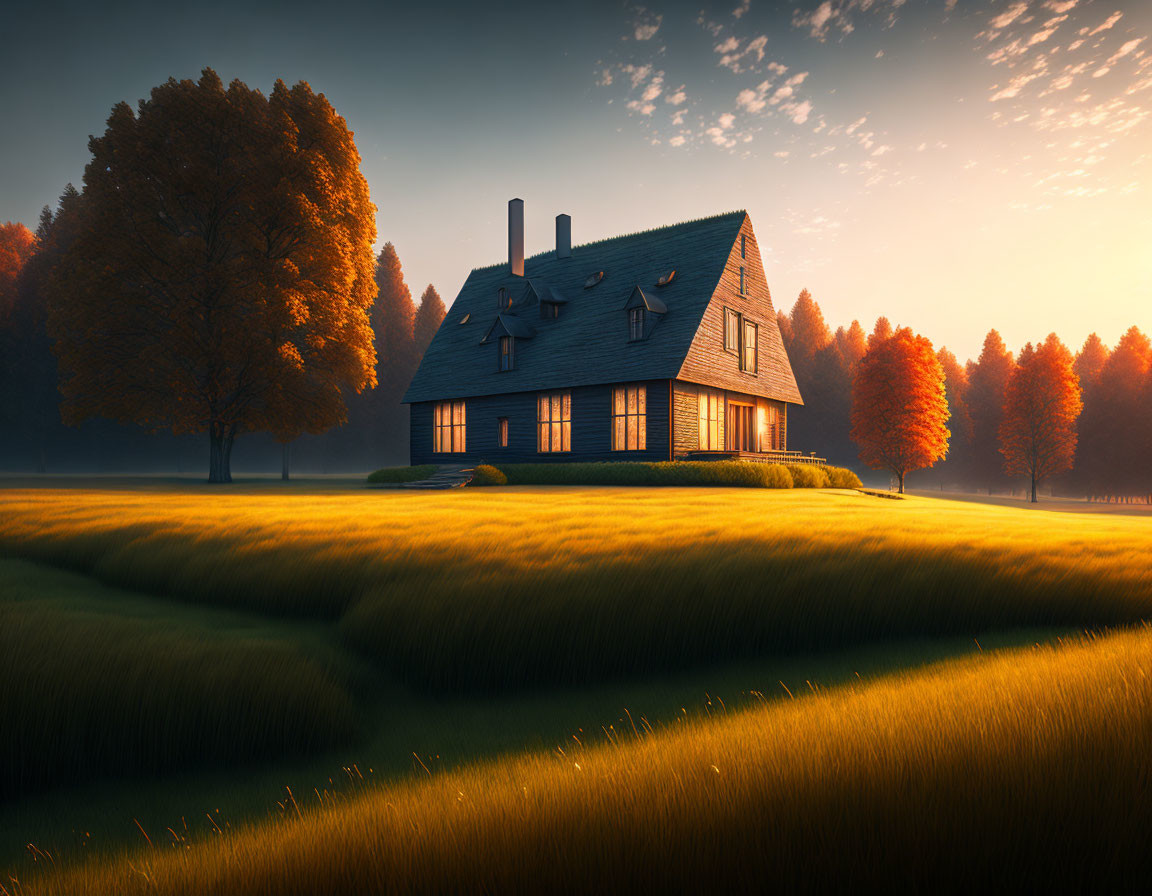 Golden wheat field and autumn trees frame tranquil house at sunrise