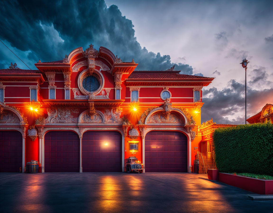 Red-accented ornate building with decorative façade under dramatic dusk sky, illuminated garage doors,