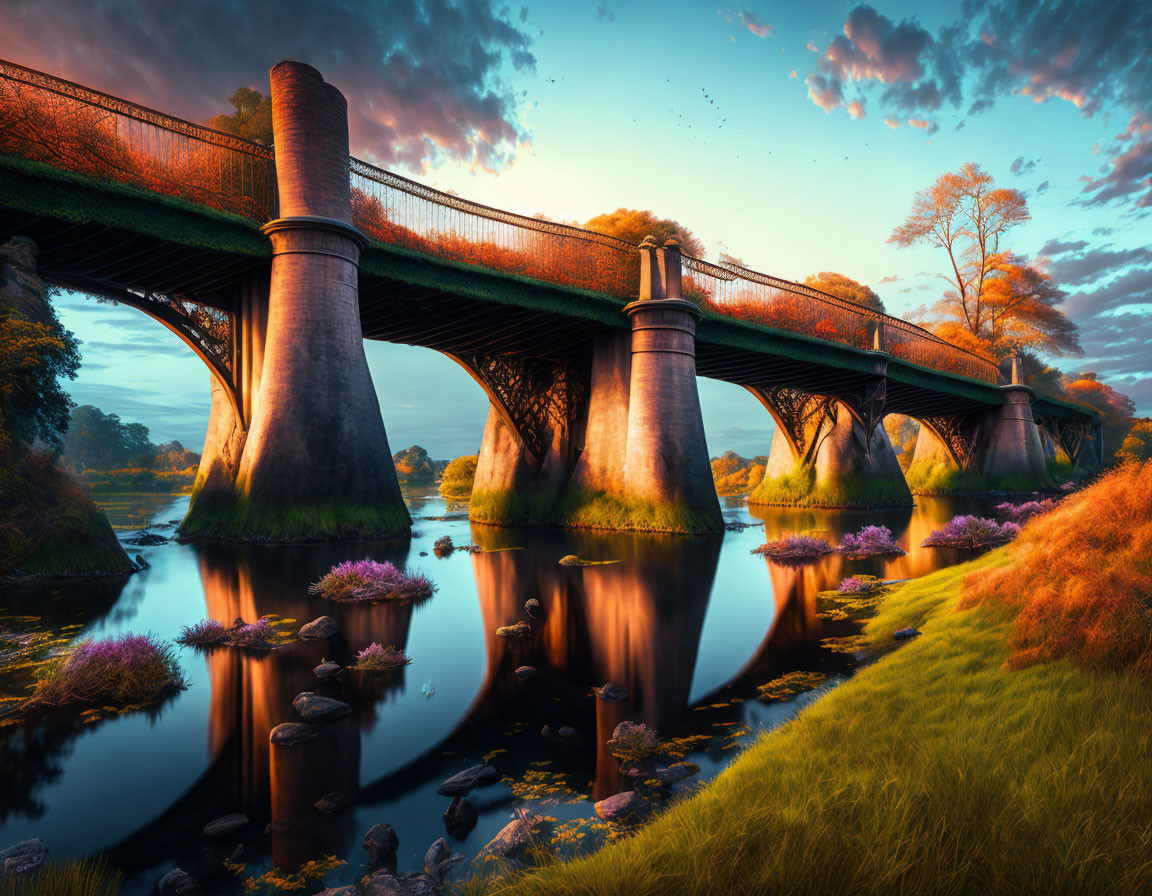 Serene river arch bridge at sunset with vibrant skies, reflected water, and nature.