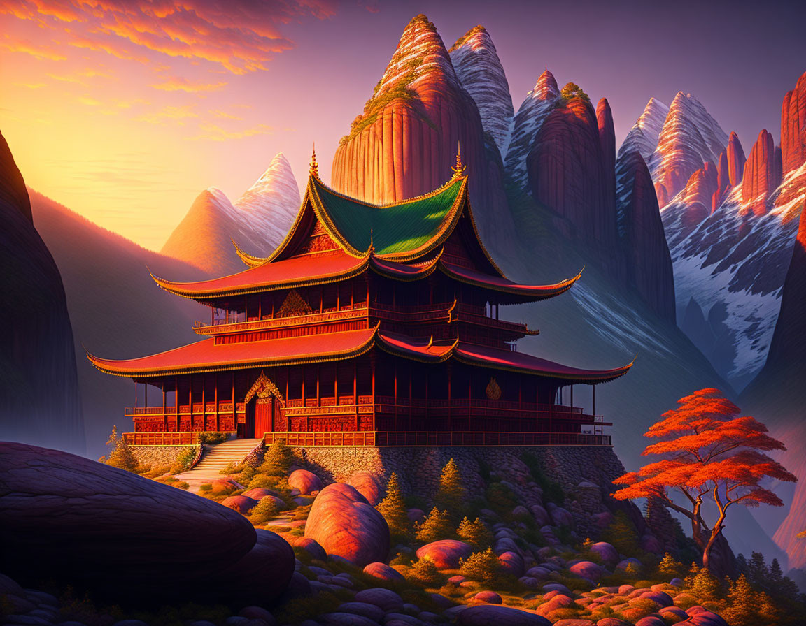 Traditional Asian Pagoda in Mountain Sunset Scene