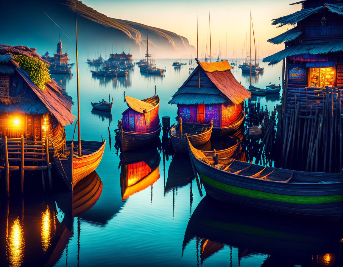 Tranquil waterfront village at twilight with lit-up wooden huts and moored boats reflecting on calm