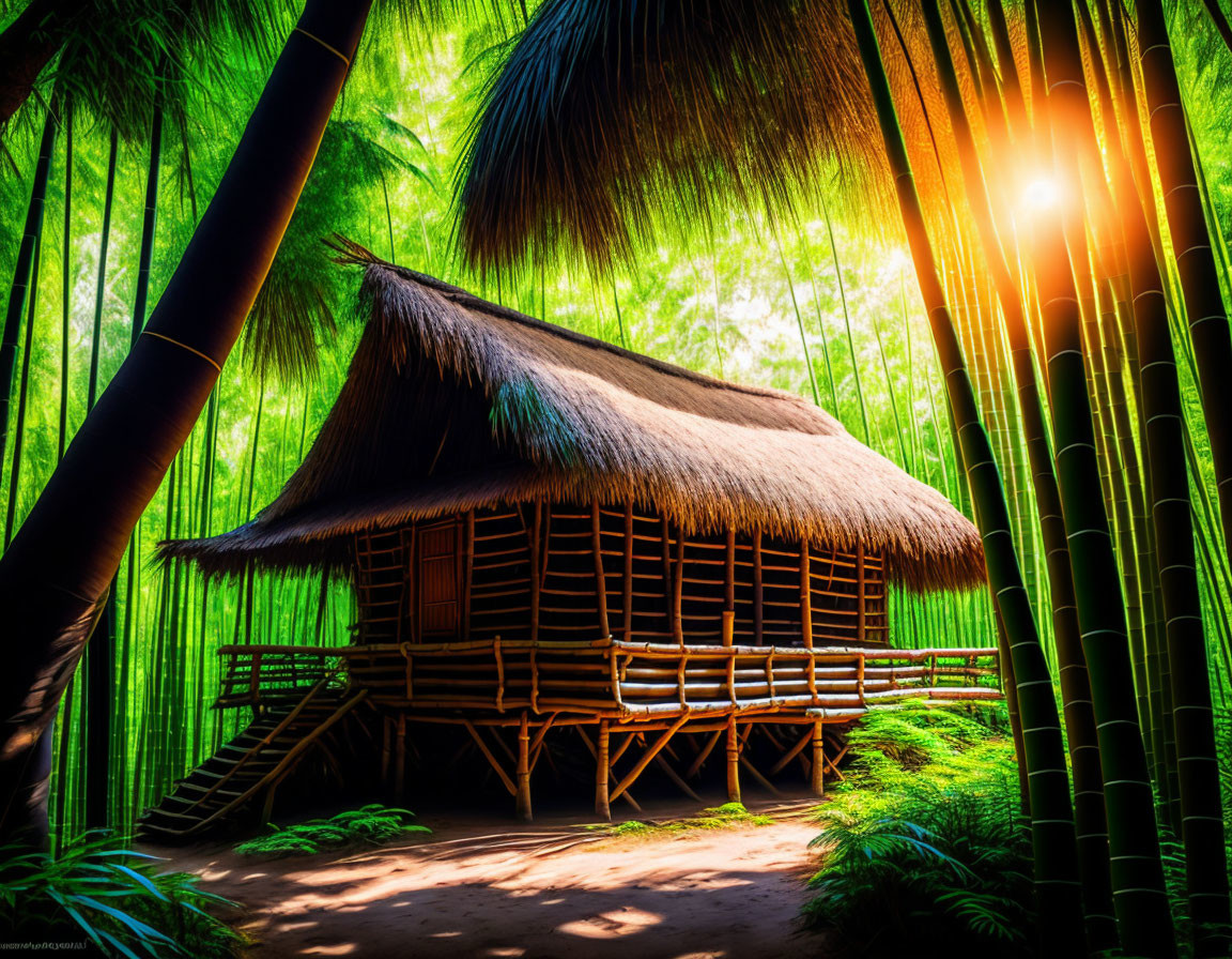 Traditional Thatched Hut in Lush Bamboo Forest