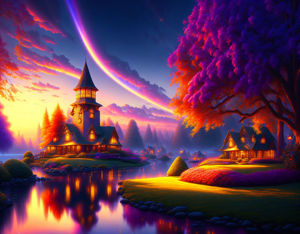 Colorful fantasy landscape at sunset with spire, houses, river, and lush trees