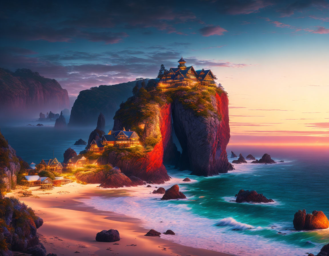 Coastal Fantasy Landscape: Sunset Castle on Cliff, Illuminated Houses, Dramatic Rocks, Ser