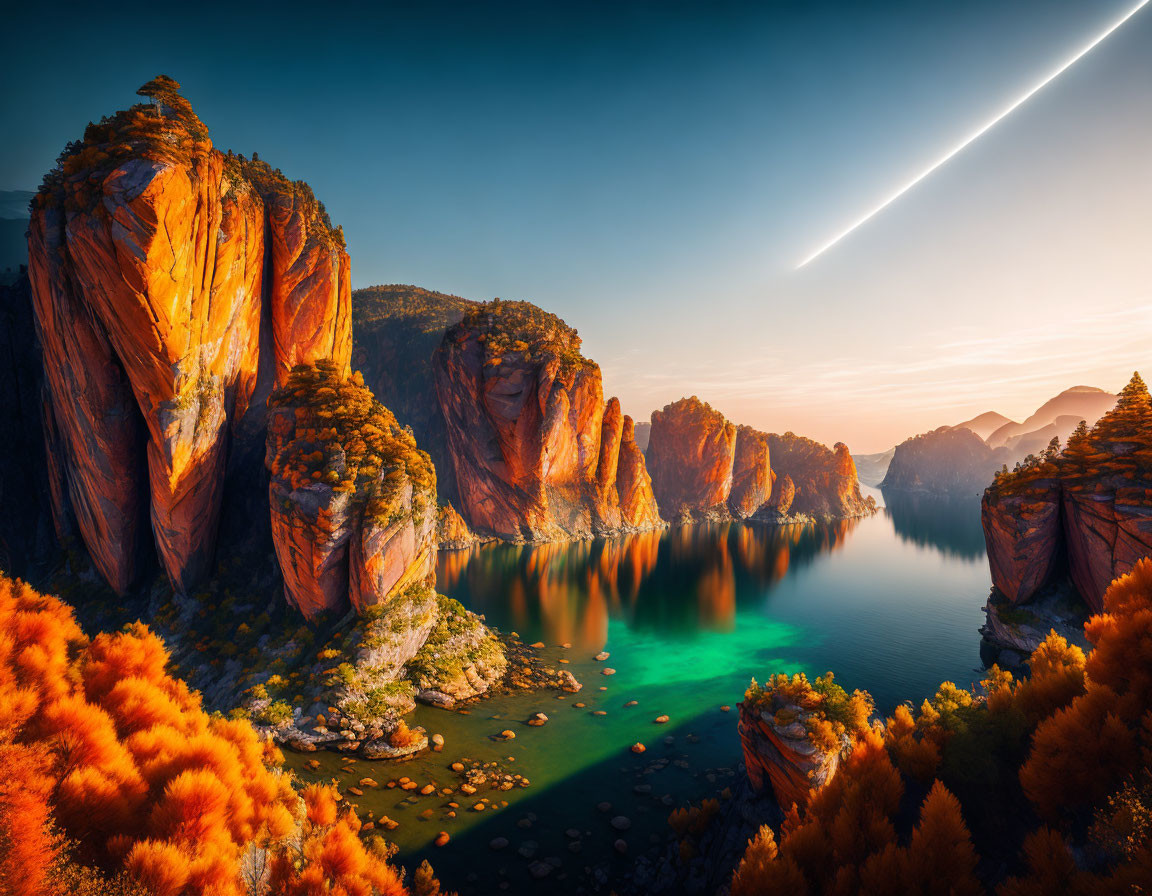 Red cliffs tower over tranquil lake with autumn trees and dramatic sky