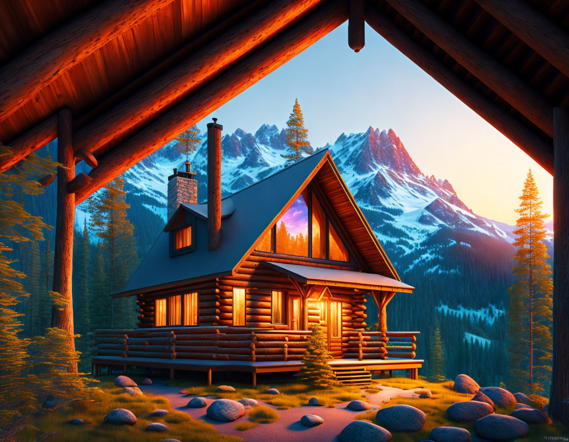 Cozy log cabin in forest at dusk with snow-capped mountains