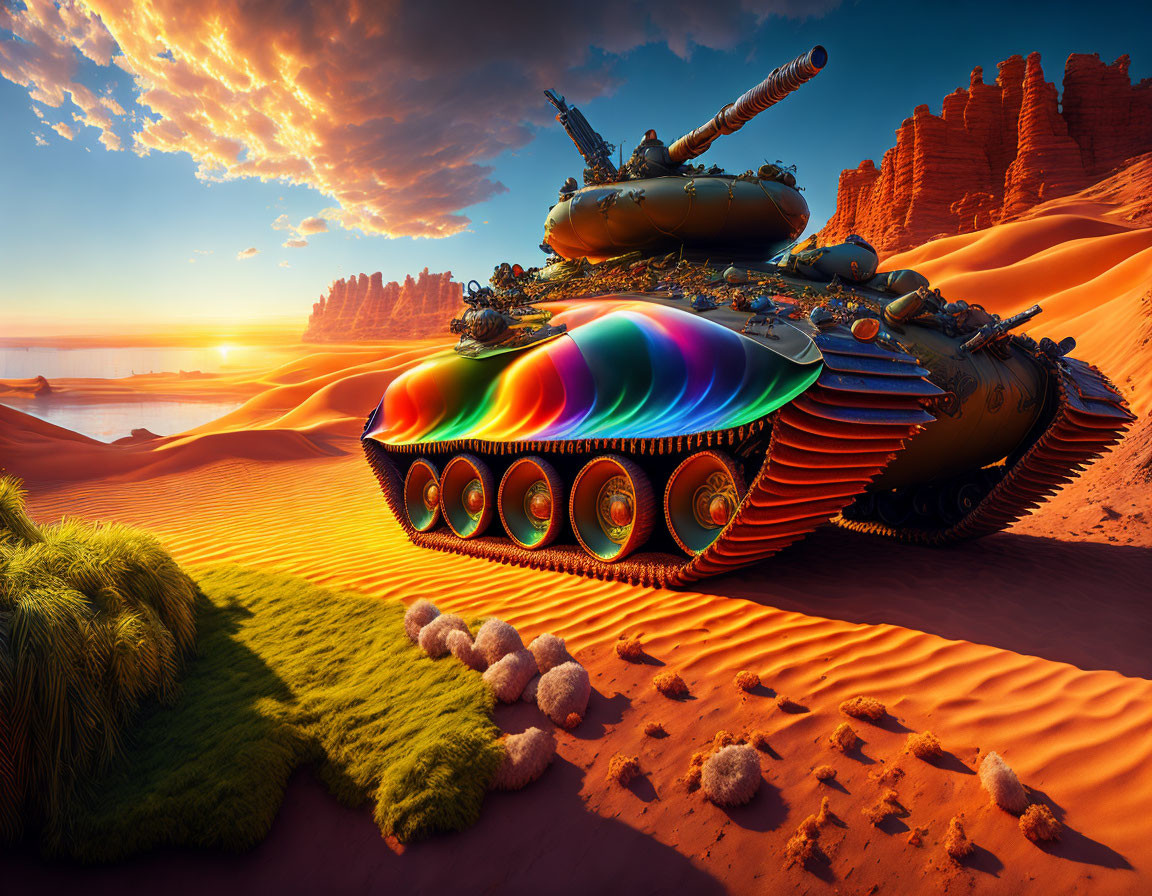 Colorful Futuristic Tank in Vibrant Desert Landscape