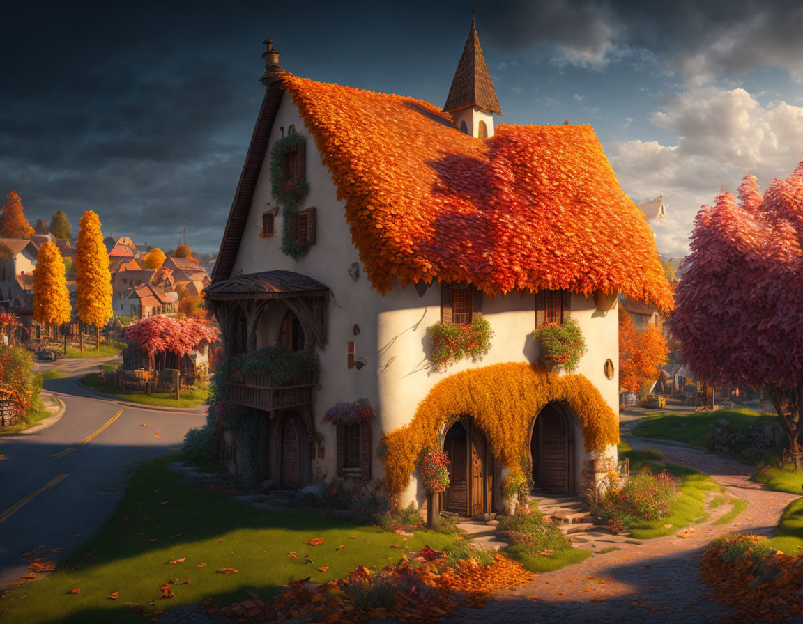 Thatched Roof Cottage in Autumn Village