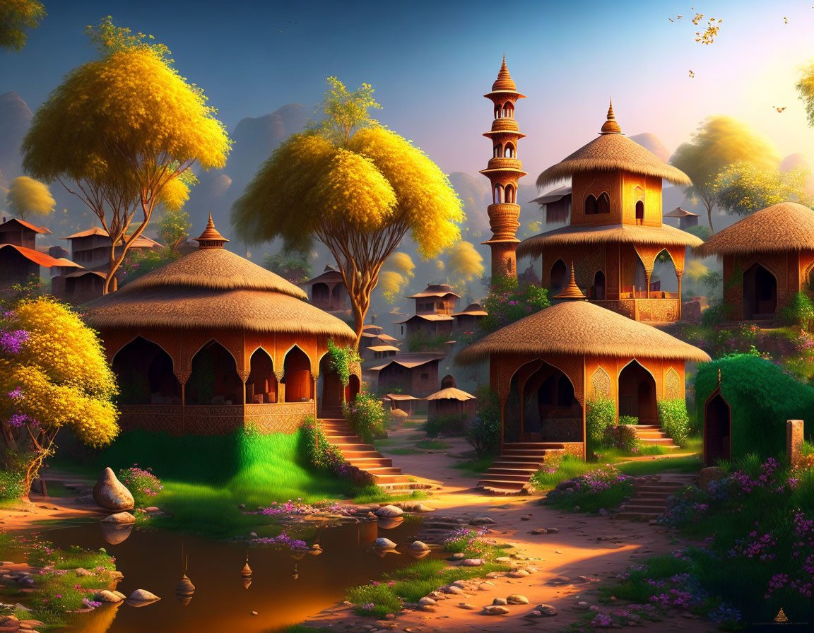 Tranquil fantasy village with thatched-roof houses and glowing sunset