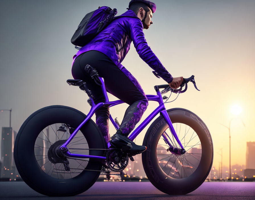 Purple-suited Cyclist on Road Bike at Urban Sunset