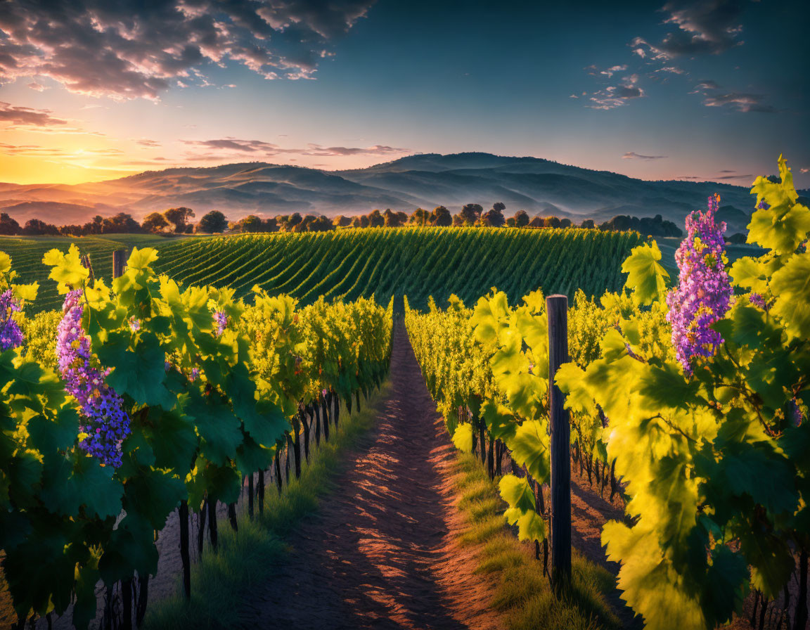 Lush Vineyard Rows at Sunset with Purple Flowers