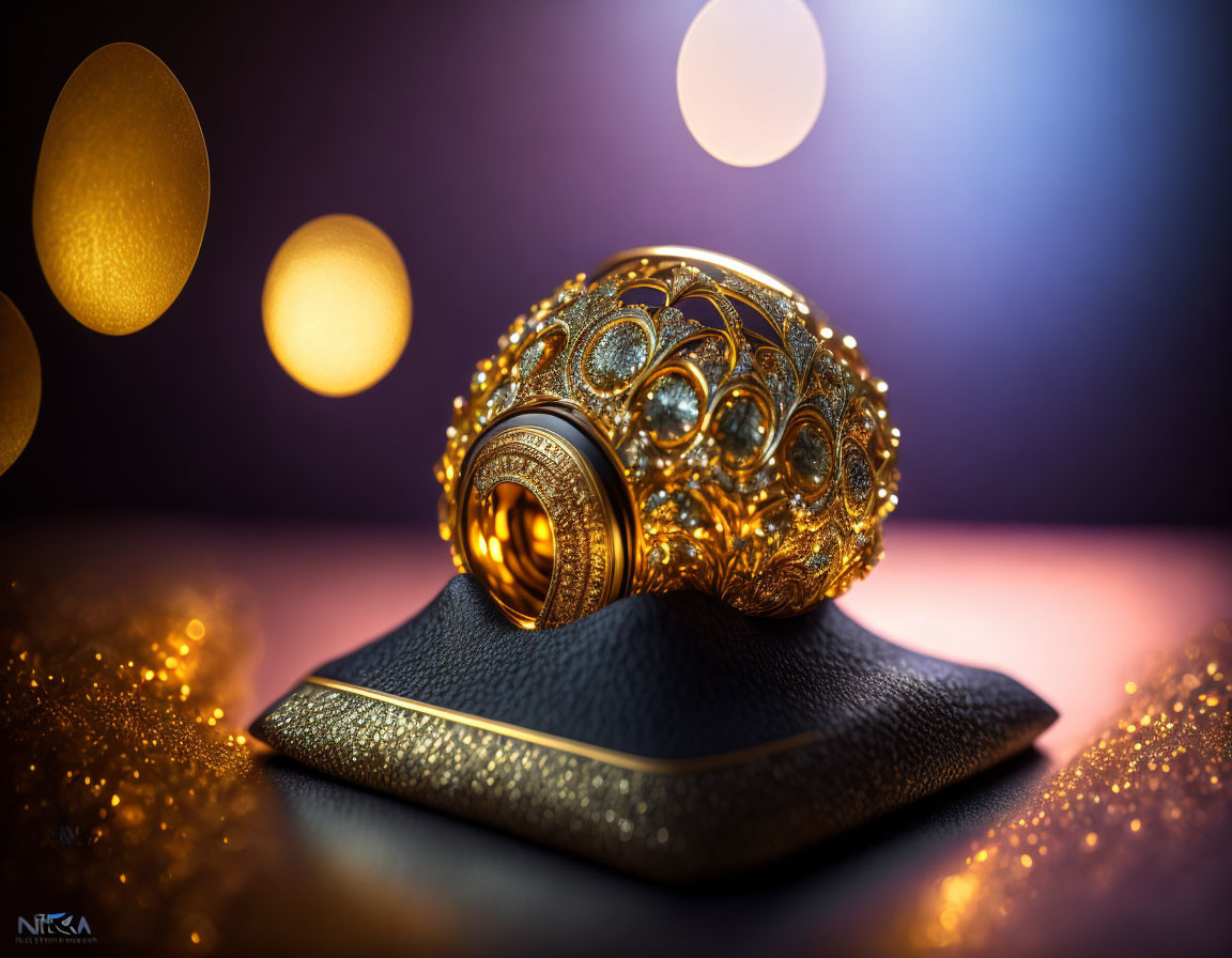 Golden filigree egg on black surface with warm bokeh background