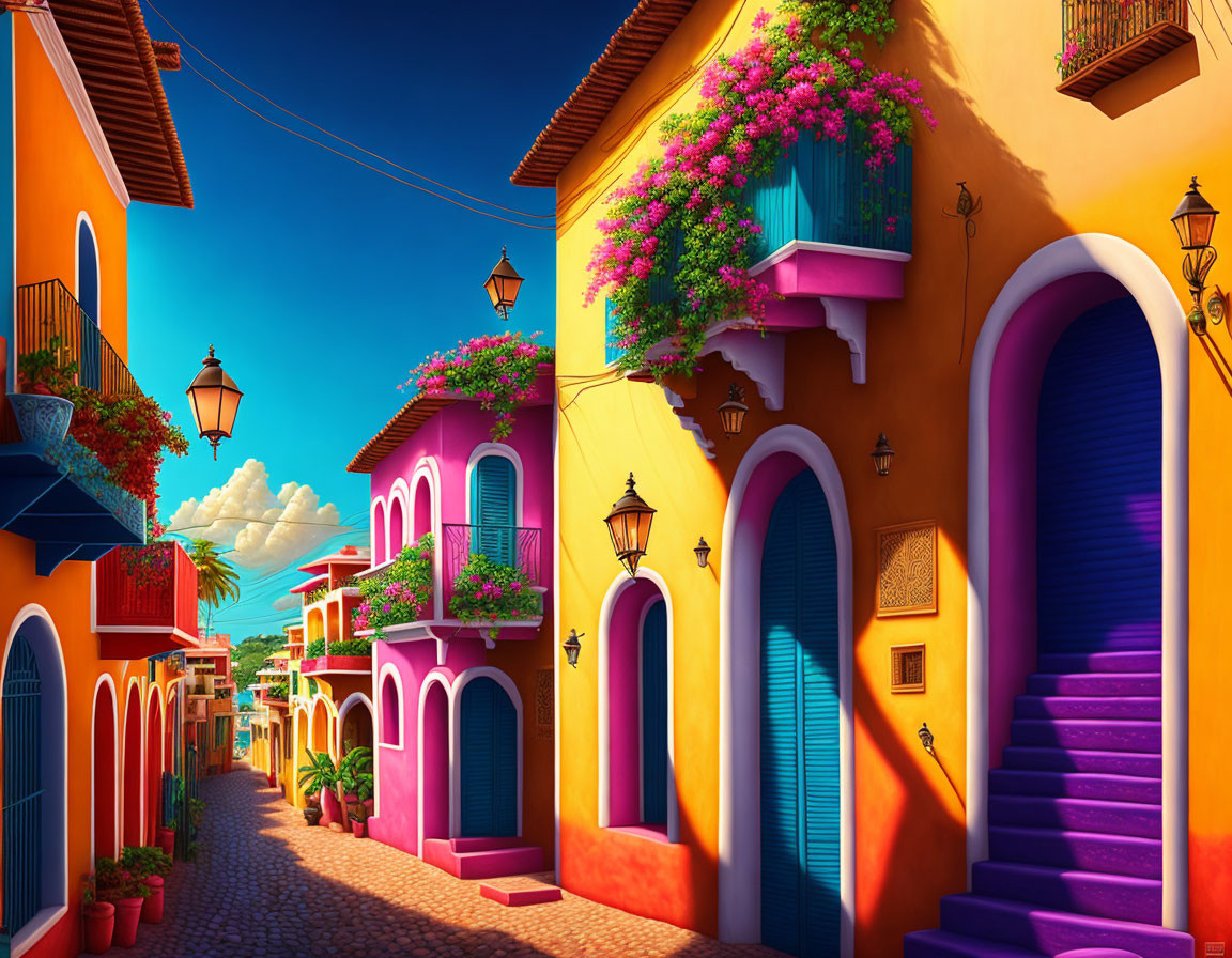 Vibrant orange and pink buildings on colorful street with blue doors, purple stairs, and blossoming