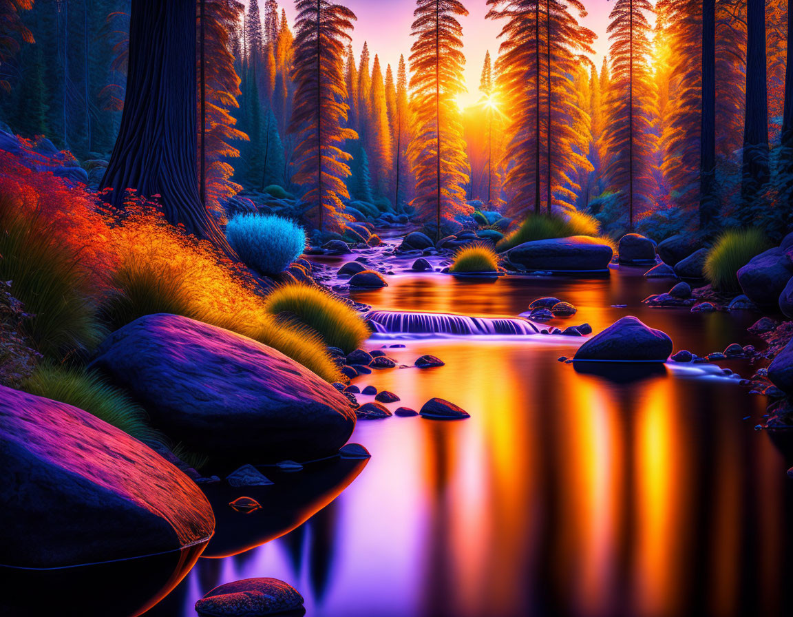 Colorful sunset over forest river with rocks.