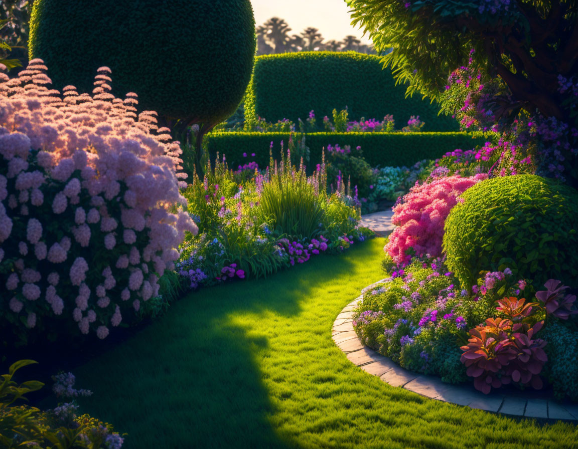 Manicured topiary and vibrant flowers in lush garden landscape