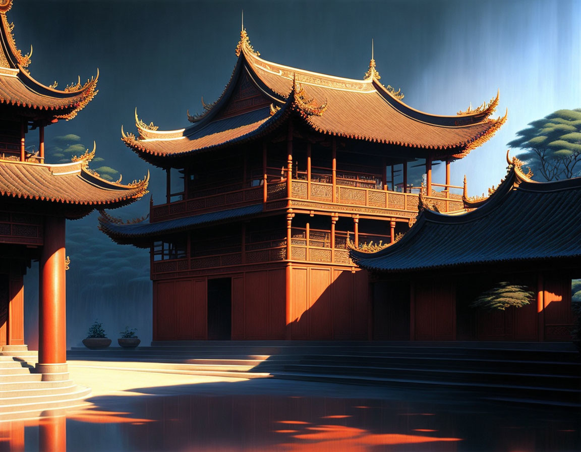 Traditional Chinese architecture with upturned eaves under dramatic sky and sunlight reflection.