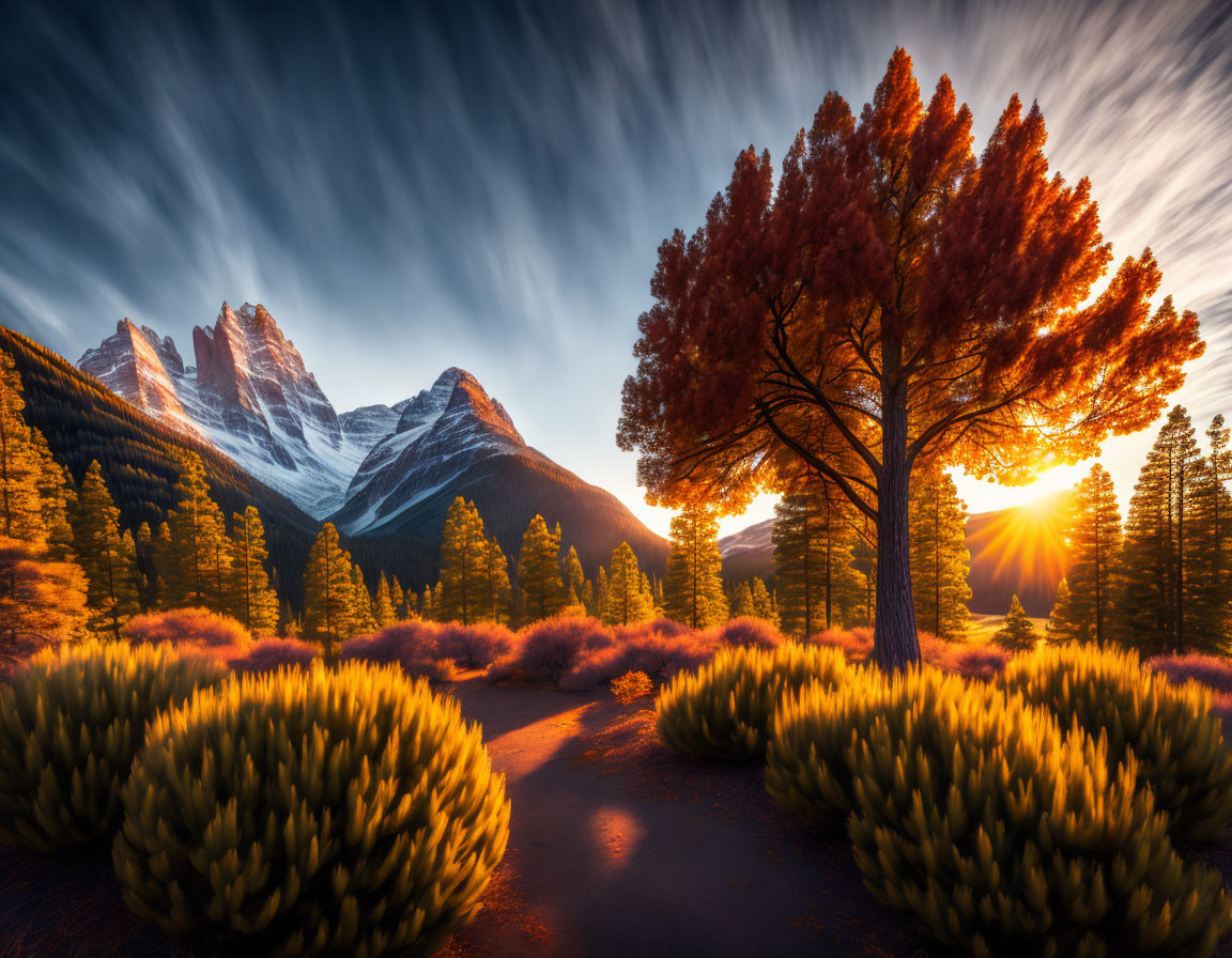 Vibrant autumn landscape with sun rays and mountain peaks