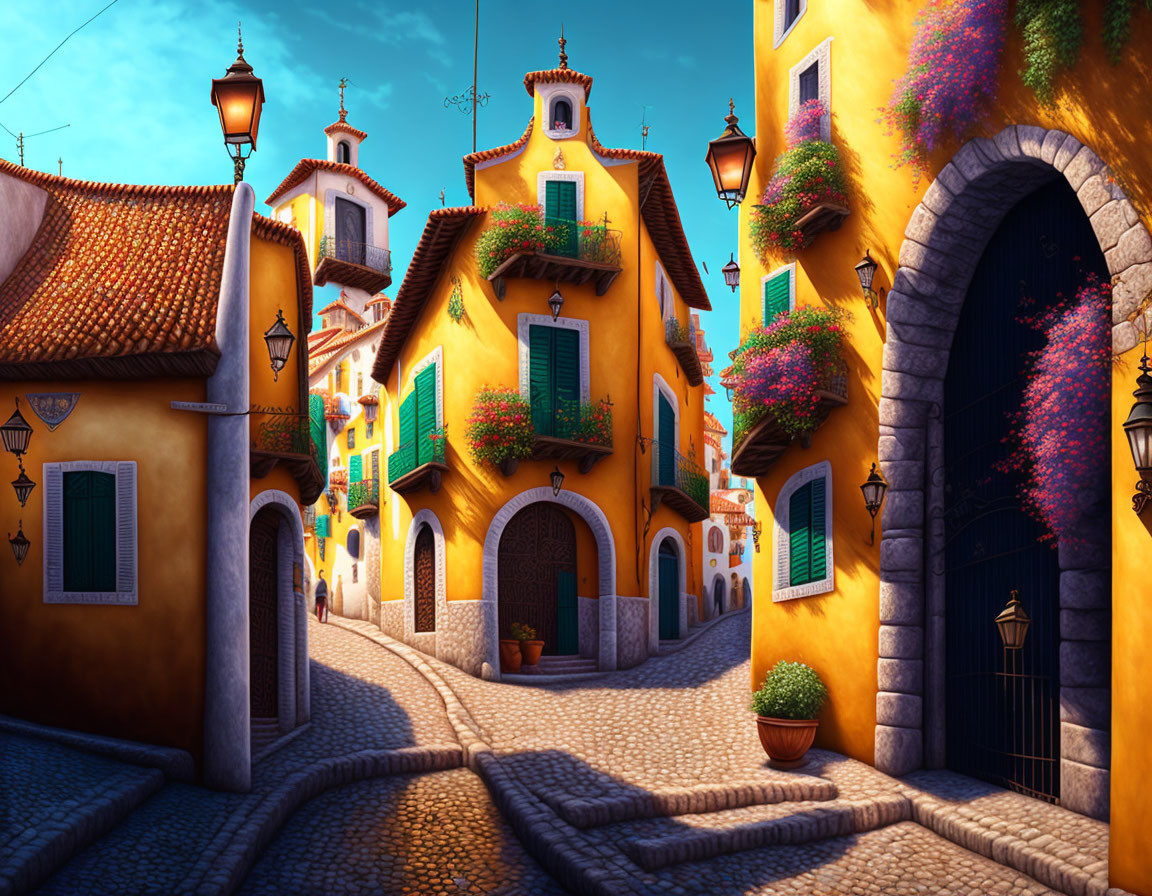 Charming cobblestone street with colorful houses and flowers on a sunny day