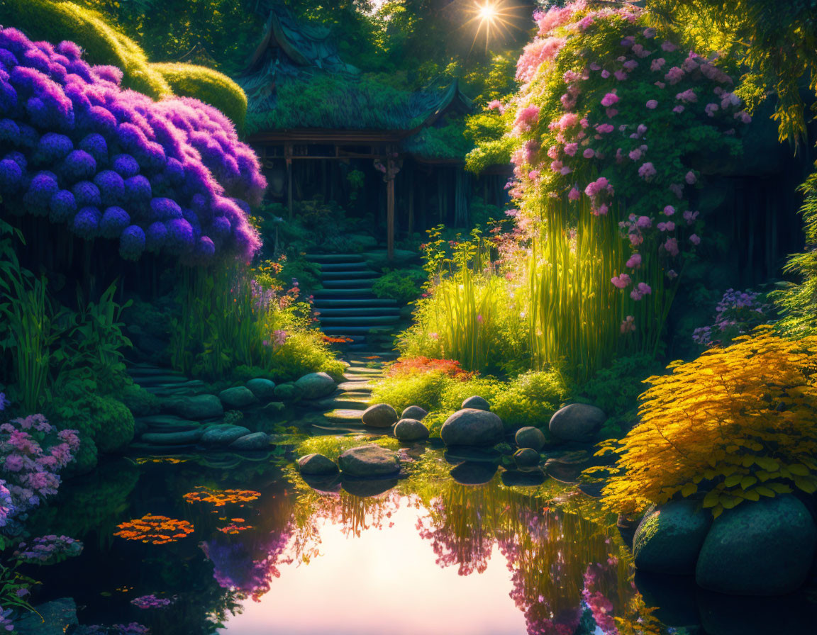 Tranquil garden with vibrant flowers, pond, bridge, and thatched-roof structure