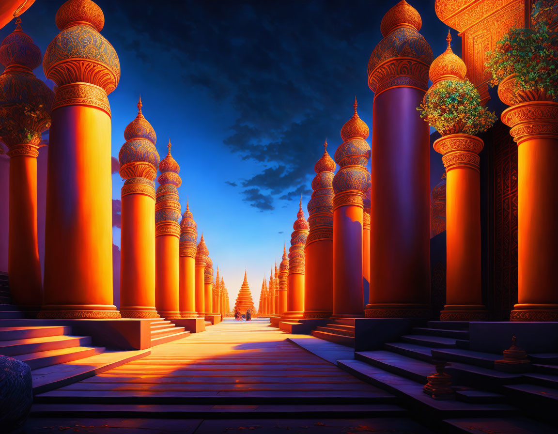 Fantastical palace corridor with ornate pillars and arches