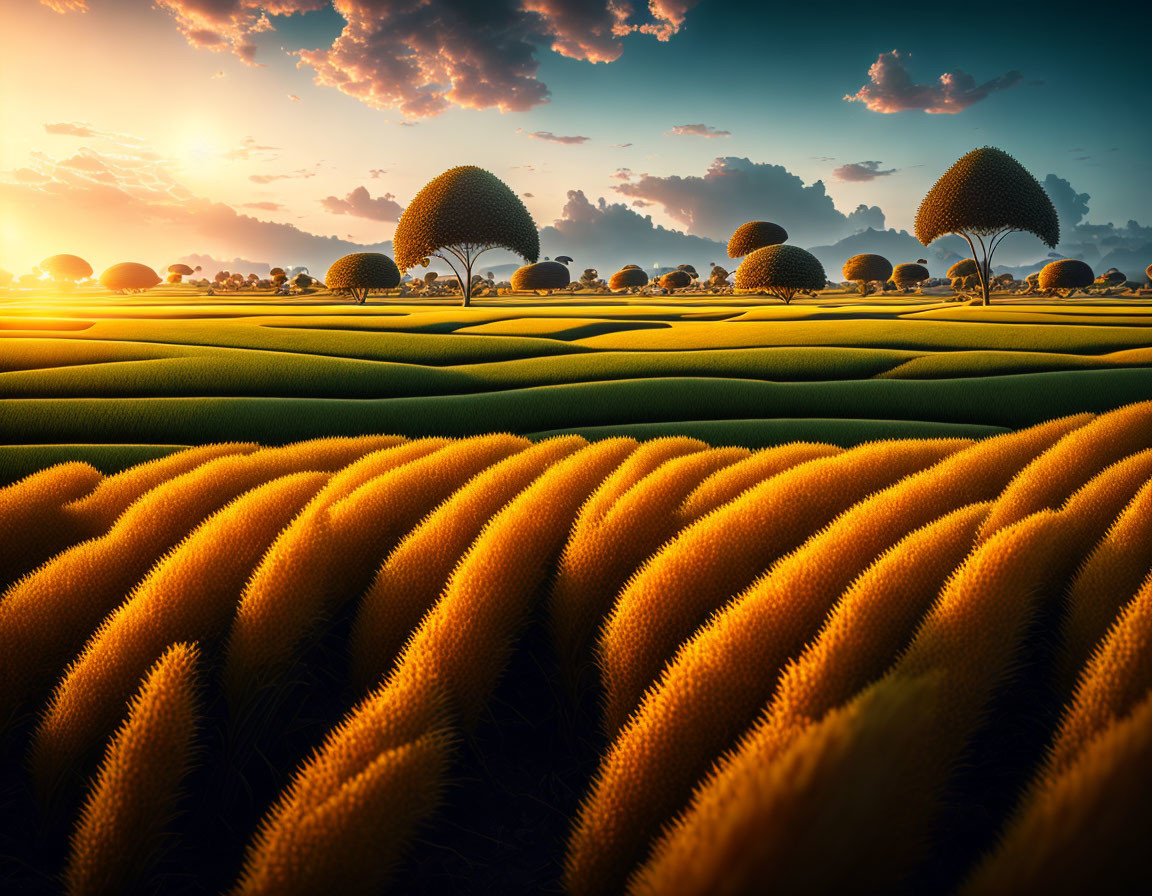 Vibrant sunset over lush field with crops and round-topped trees