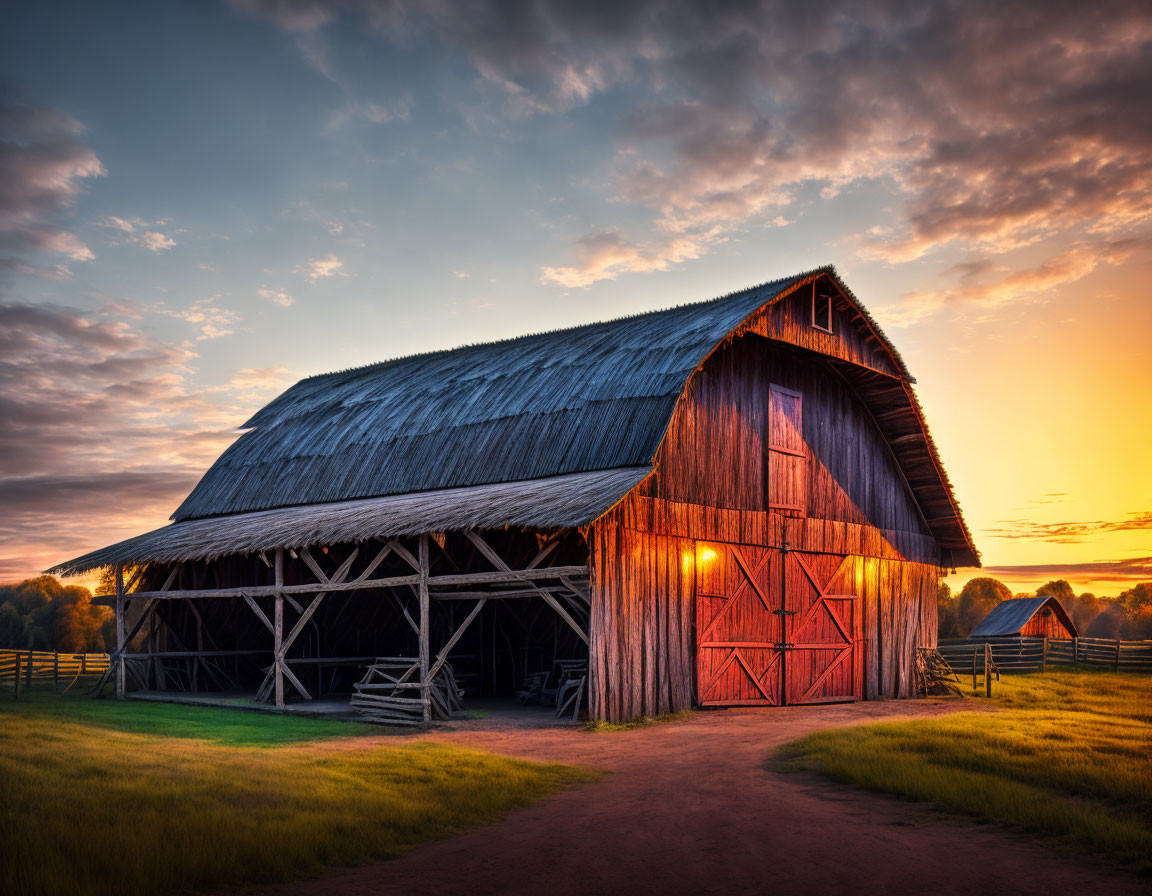 Weathered red barn in pastoral landscape under vibrant sunset sky