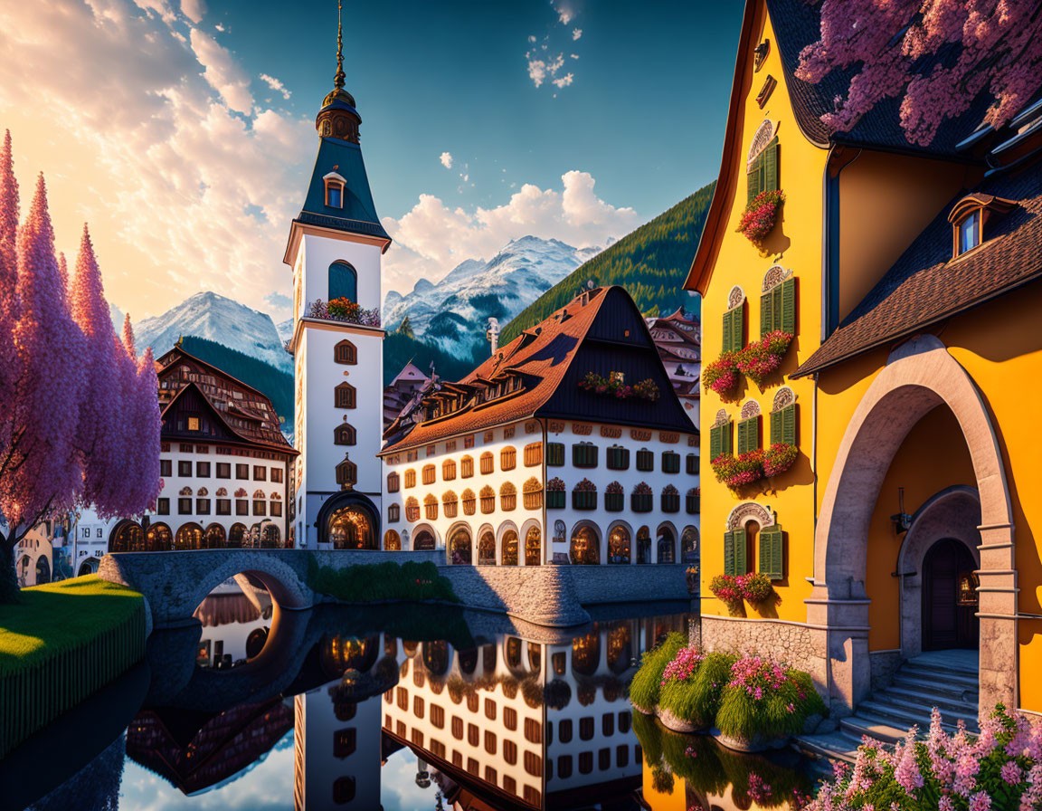 European village with church steeple, traditional buildings, and mountains reflected in water