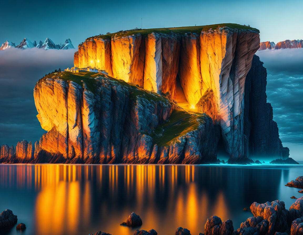 Towering cliff above tranquil sea at twilight with glowing path and snowy peaks