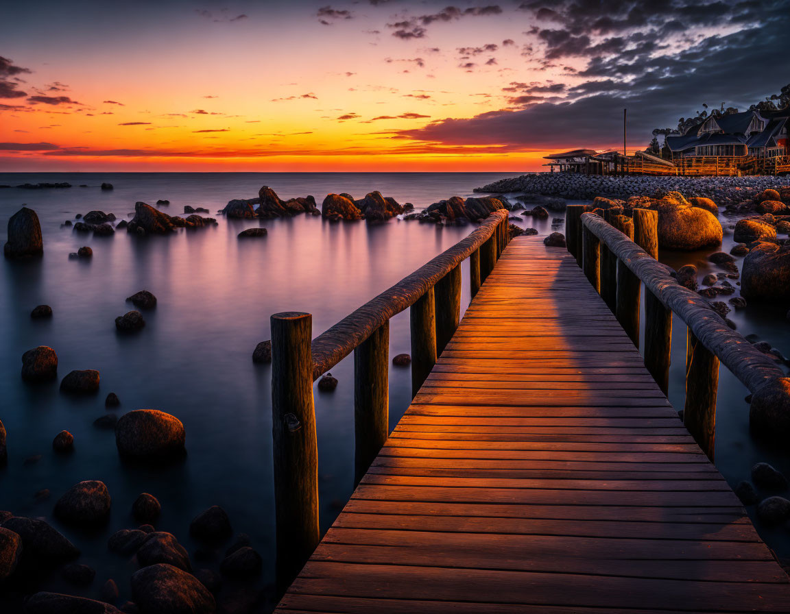 Scenic wooden pier on rocky shore at vibrant sunset