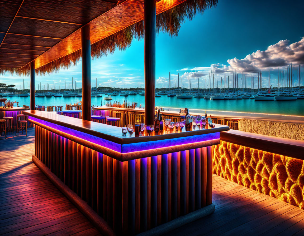 Scenic beachside bar with thatched roof and marina view at sunset