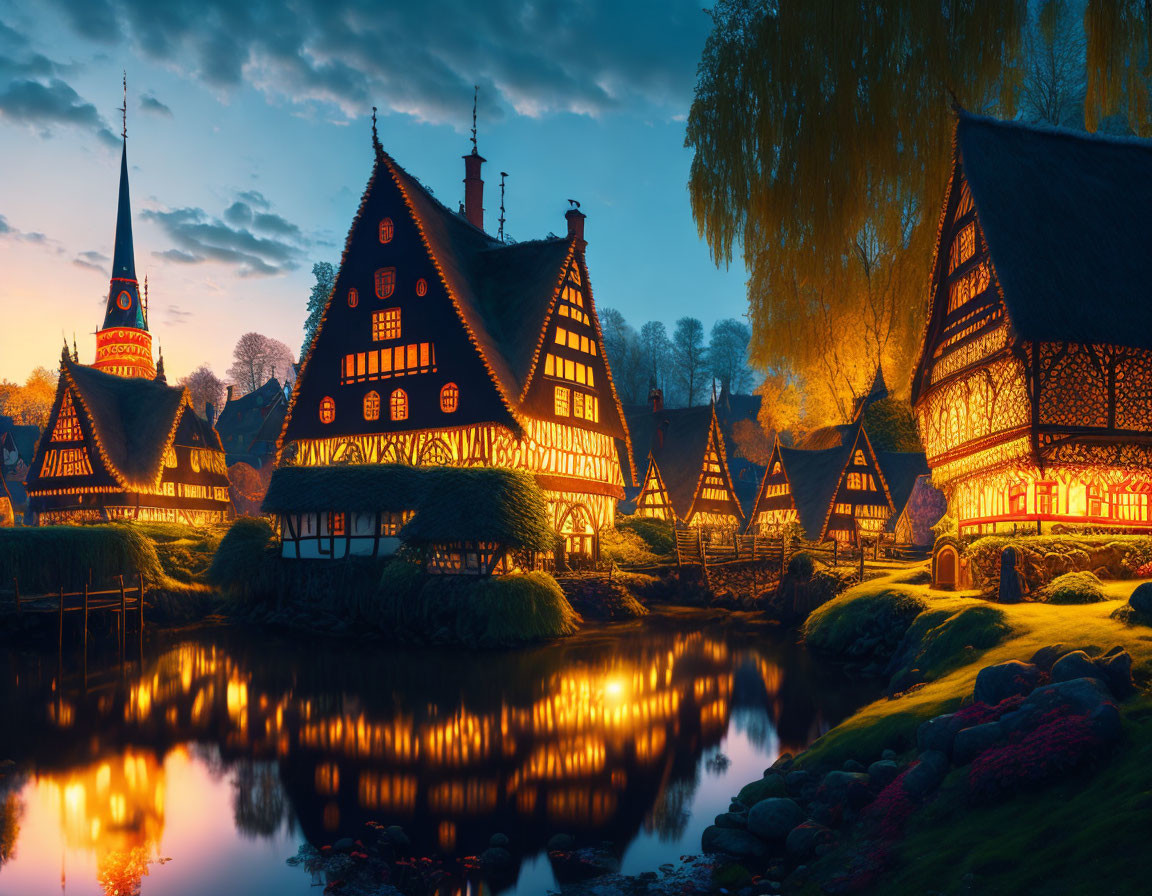 Traditional European Village Twilight Scene with Half-Timbered Houses