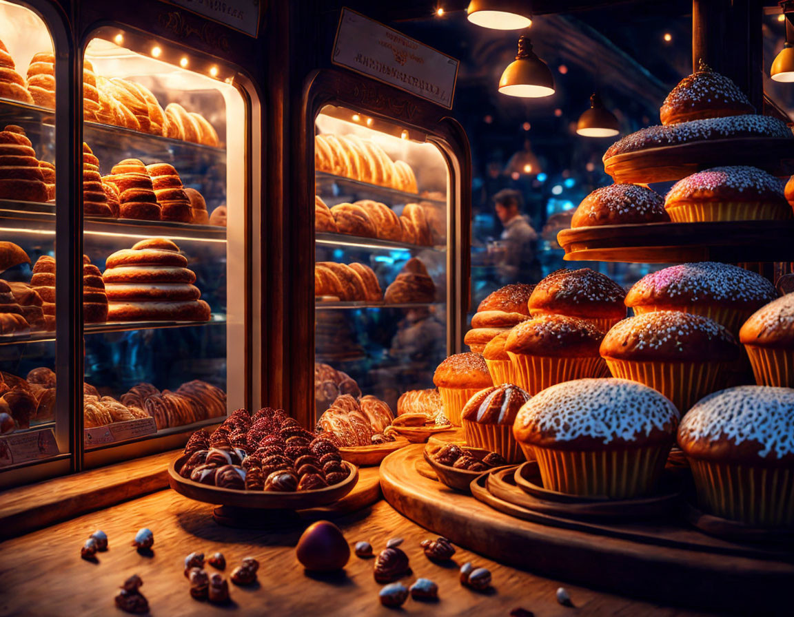 Variety of pastries in cozy bakery display