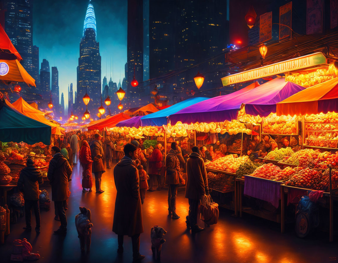 Vibrant night market under neon cityscape and skyscrapers