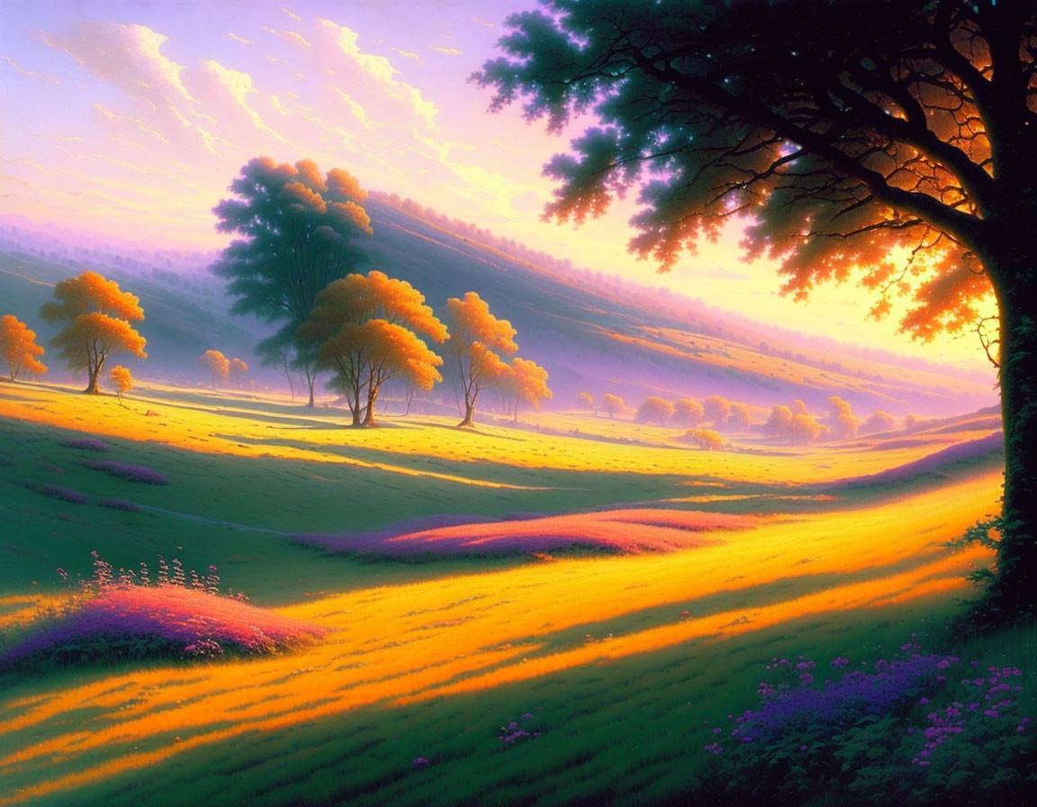 Scenic sunset landscape with rolling hills, tree, colorful sky, and purple flowers