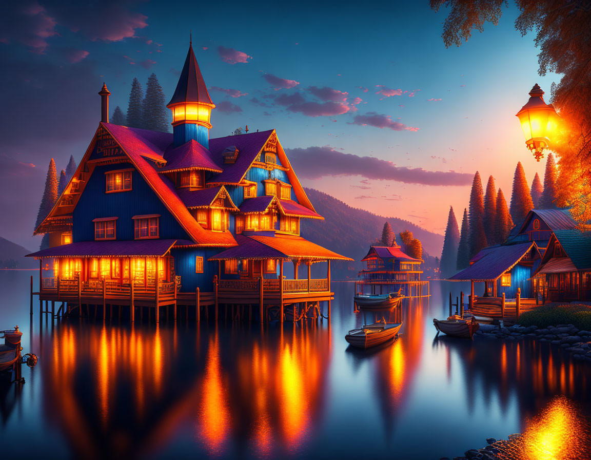 Scenic lakeside wooden house on stilts at dusk