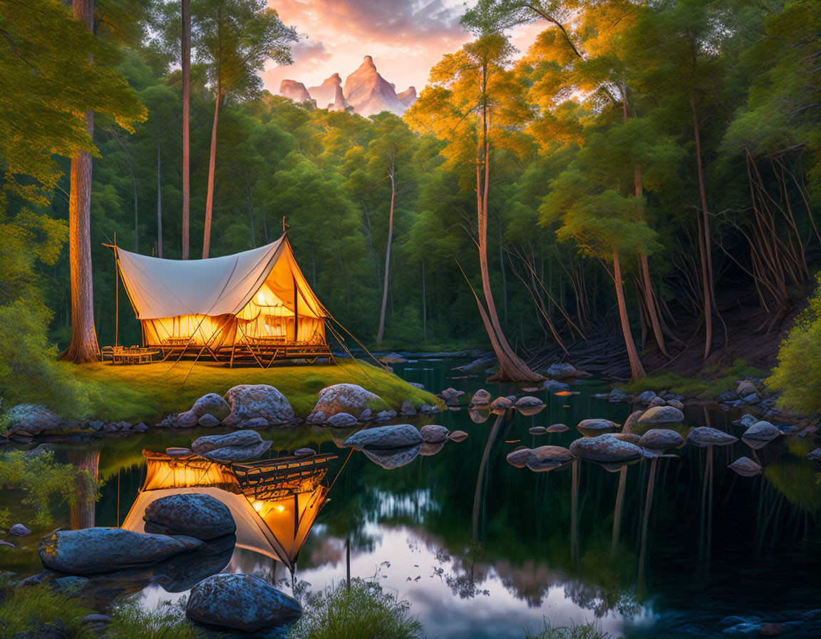 Tranquil camping scene by river at sunset