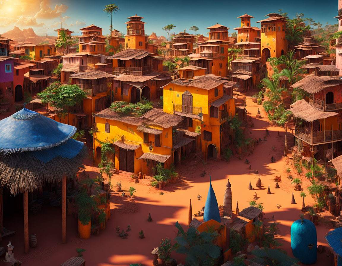 Colorful Animated Desert Village with Terracotta Houses, Blue Domes, Palm Trees