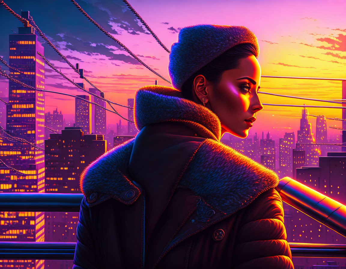 Woman in Warm Jacket Against Urban Sunset Skyline