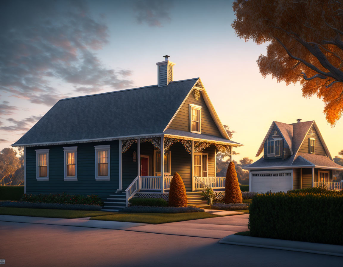 Tranquil suburban twilight with cozy houses and lush lawns