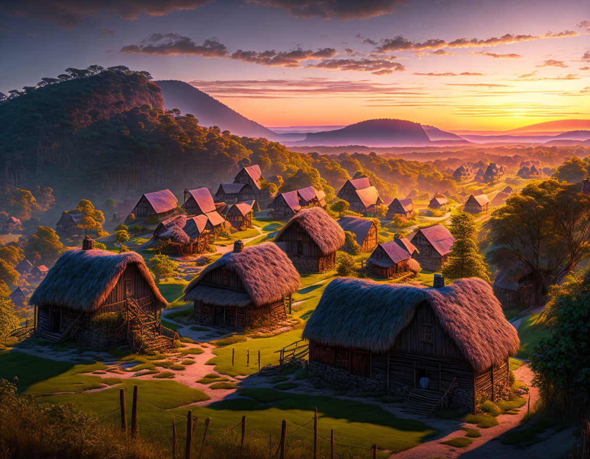 Serene sunrise over traditional village with thatched-roof houses