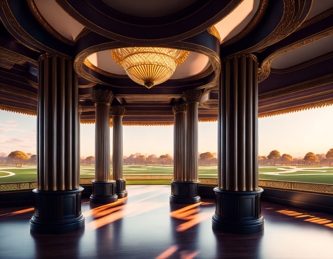 Luxurious interior with black columns, golden ceiling, chandelier, and sunset view.