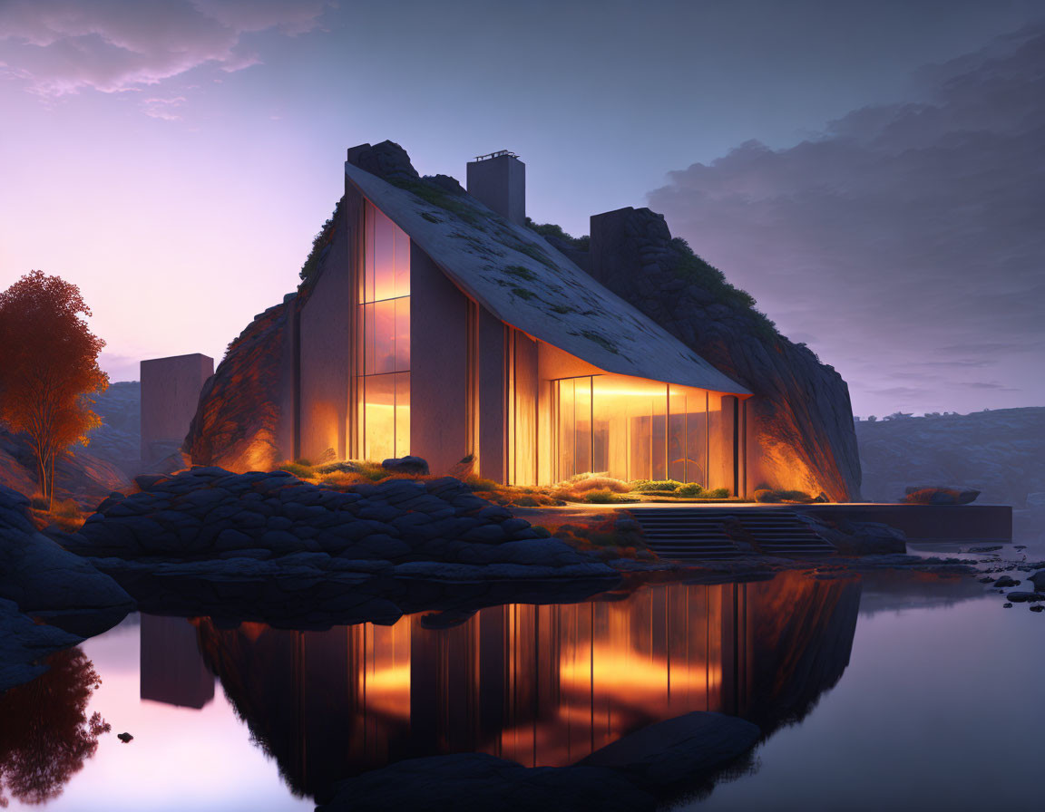 Glass House with Illuminated Interior on Rocky Terrain Reflecting Warm Glow