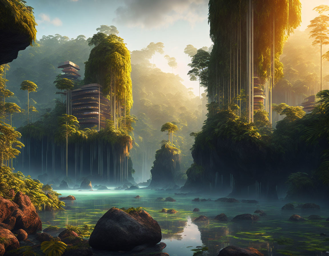 Mystical forest with lush greenery, towering trees, tranquil water, and futuristic buildings integrated into