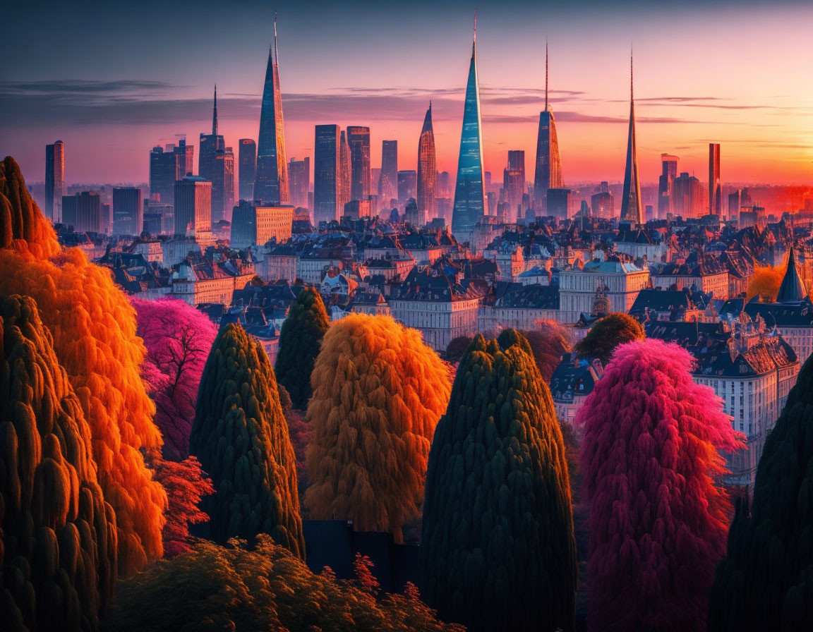 Colorful foliage and modern skyscrapers in vibrant cityscape at dusk