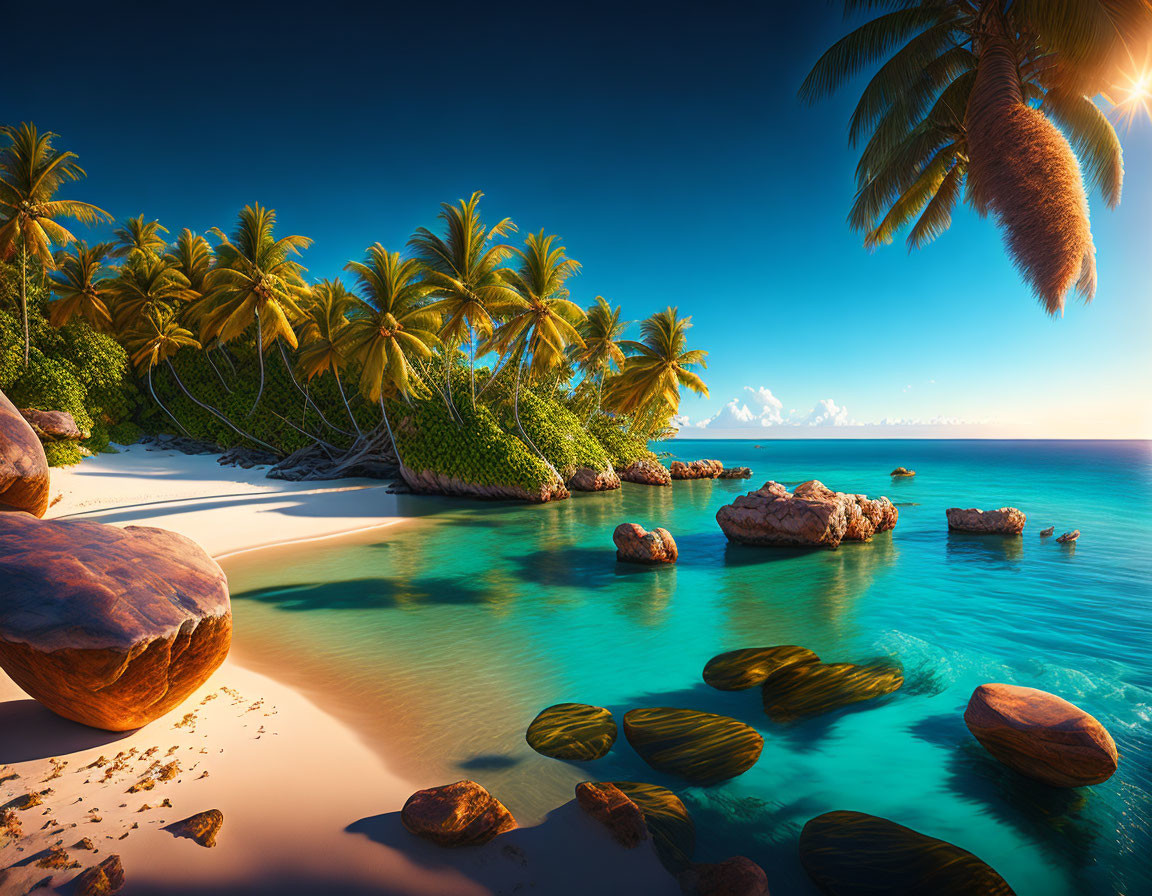 Scenic Tropical Beach with Blue Water and Palm Trees