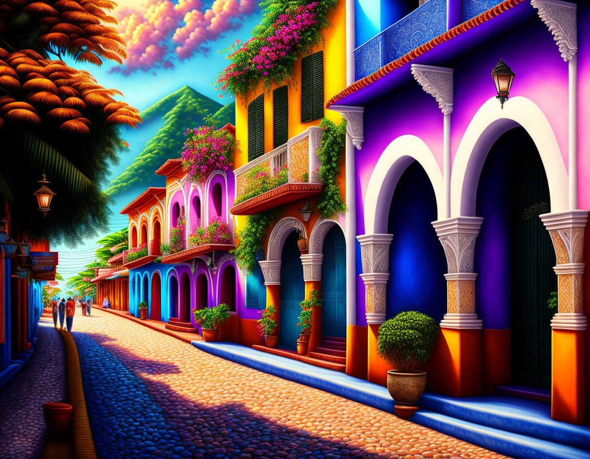 Colorful street scene with cobblestone paths, vibrant buildings, and people under a sunset sky