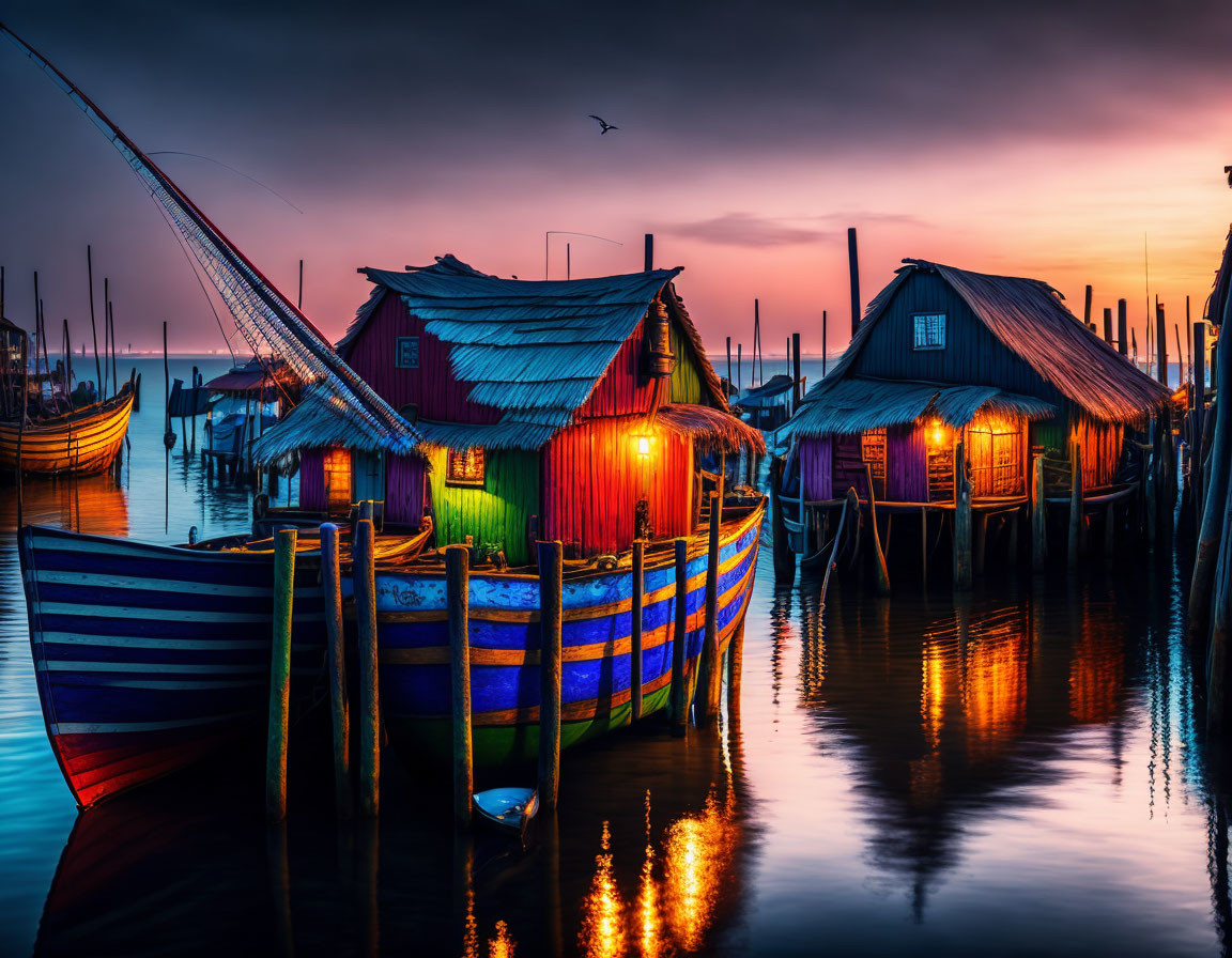 Serene waterfront with colorful huts and moored boats at sunset